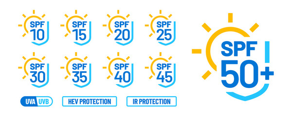 Fototapeta na wymiar Spf Sun Protection Factor vector icon set