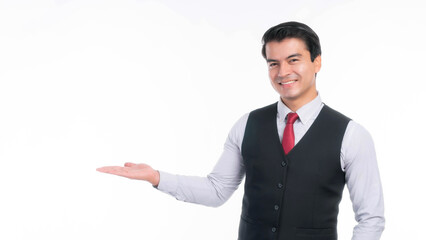 Portrait working Asian business man ware suit with happiness posing his empty hand with copy space , blank space for advertising or product isolated on white background - business concept