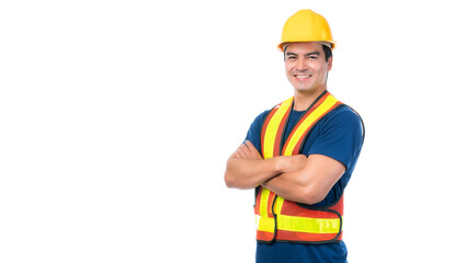 Portrait young architect man engineering wearing yellow helmet , He standing arms crossed isolated on white background with copy space