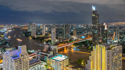 Night of the Metropolitan Beautiful sunset curve Chao Phraya River long exposure light Bangkok City downtown cityscape urban skyline  Thailand in 2017 - Cityscape Bangkok city Thailand