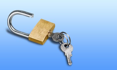 Simple lock and key. Small worn padlock with shiny key. Business data encryption, home security, or...