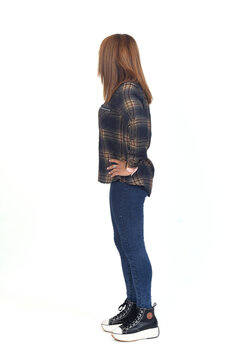 full portrait of a woman looking backwards on white background