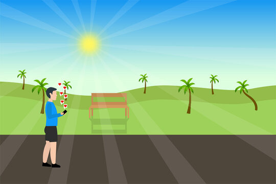 Man walking inside a park and using his smartphone to connect with social media. Male flat character illustration with a greenfield view on a sunny day. Man giving love react on social media. - Powered by Adobe