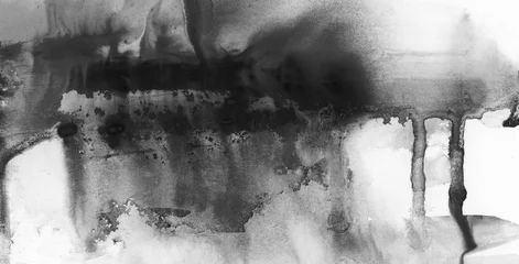 Fototapeten Art Abstract grain black and white watercolor and acrylic flow smear blot painting .  Copy space canvas texture horizontal long background. © Liliia