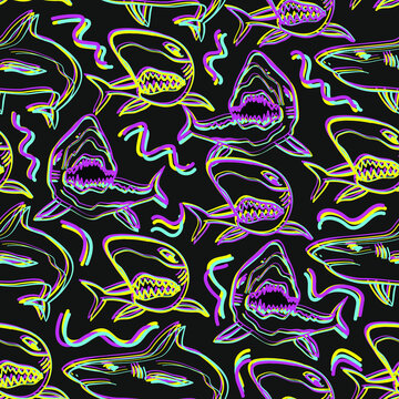 Abstract seamless vector pattern for girls, boys, clothes. Creative background with neon sharks. Funny wallpaper for textile and fabric. Fashion style. Colorful bright