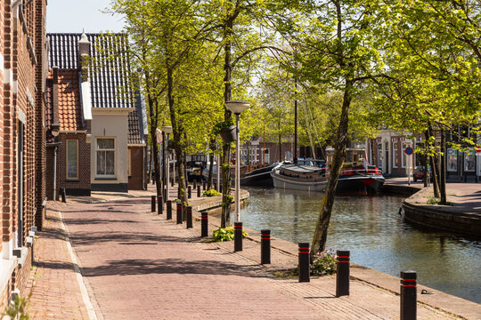 Canal with old houseboats in the center of the town of Meppel in the Netherlands.