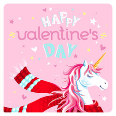 Cute Valentine's Day greeting card with unicorn, scarf, hearts and stars on pink background. Lettering 