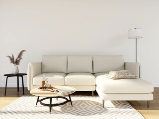 Wall mockup of a living room with a beige sofa, decorated coffee table, ornamental plant and lamp. 3d rendering, interior design, 3d illustration