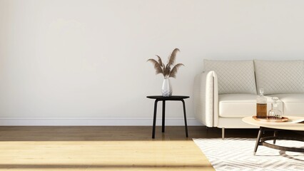 Fototapeta na wymiar Wall mockup of a living room with a beige sofa, decorated coffee table and ornamental plant on a table. 3d rendering, interior design, 3d illustration