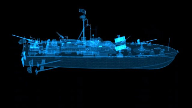 US patrol torpedo boat. High detailed 4k loop rotating 360 degrees military battle boat hologram footage. Slow motion 60 fps