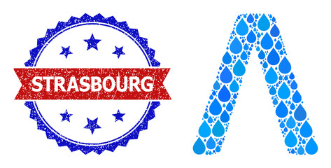 Vector mosaic Lambda Greek letter, and bicolor scratched Strasbourg seal stamp. Lambda Greek letter mosaic for clean water ads. Lambda Greek letter is composed with blue drinking aqua raindrops.