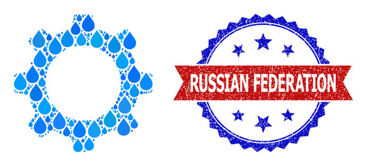 Vector mosaic cogwheel, and bicolor dirty Russian Federation seal stamp. Cogwheel mosaic for pure water advertisement. Cogwheel is formed from blue drinking liquid raindrops.