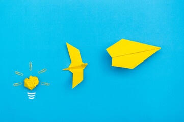 idea transform to be flying bird and speed up to rocket, growth success concept - obrazy, fototapety, plakaty