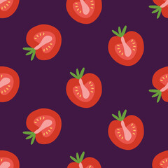 Seamless pattern with ripe tomato halves on a purple background. Botanical vector illustration for printing on clothing, textiles, paper, fabric, packaging.