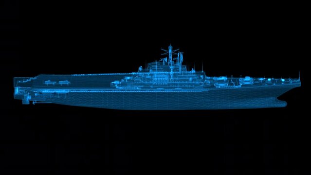 High detailed 4k loop rotating 360 degrees abstract military battle aircraft carrier hologram footage. Slow motion 60 fps