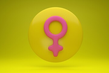 pink female gender symbol in round dialog box with vivid yellow background. 3d render illustration