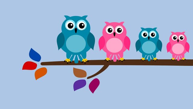 Owl family with season change from fall to spring with green background - animation