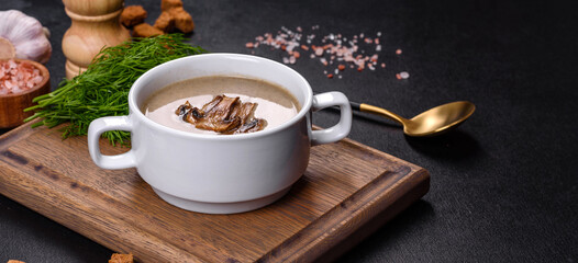 Obraz na płótnie Canvas A delicious fresh, thick soup of mushroom puree with breadcrumbs, spices and herbs