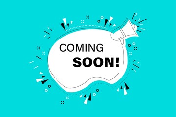 Coming soon modern banner with megaphone in speech bubble. Vector illustration.