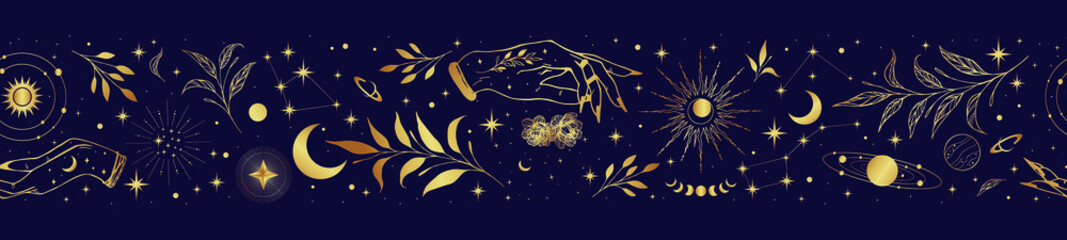 Magic seamless vector border with moons, herbs, stars and suns. Gold decorative ornament. Graphic pattern for astrology, esoteric, tarot, mystic and magic. 