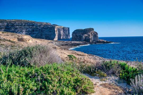 Aerial view of Dwejra Bay in Gozo on a beautiful sunny day
