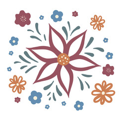The set of different vector decorative flowers: purple, blue, and orange.