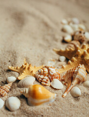 Fototapeta na wymiar Sea shell and starfish on send close up. Macro photo.