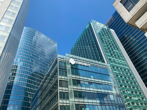 Euronext tower and skyscrapers of La Defense business district in Paris, France
