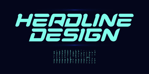 Futurism headline font glowing alphabet letters design. Digital cyber game logo typography. Futuristic typographic design for logo, headline, cover title, and monogram. Isolated vector typeset. - obrazy, fototapety, plakaty