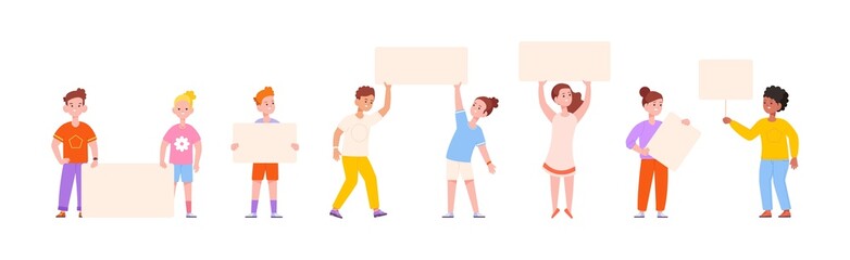 Pupils holding signs. Kids hold blank banner, children teenage protest student with placard or card board, boy and girl activist billboard friends paper frames, vector illustration