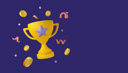 3d trophy cup banner. Vector prize award with coins and confetti illustration template, isolated on dark background - 507834206
