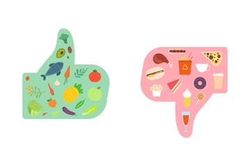 Healthy vs junk food. Choice good or bad nutrition, compare meal unhealthy fastfood, green vegetables balanced diet, cholesterol fatness snacks losses calories, vector illustration