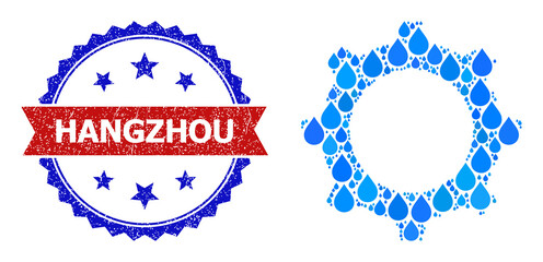 Vector mosaic gear, and bicolor rubber Hangzhou stamp. Gear collage for pure water advertisement. Gear is created from blue pure aqua tears.