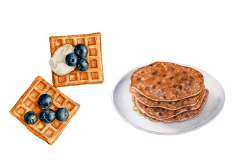 Watercolor chocolate pancakes on a plate, waffles with cream, blueberry isolated on white background.