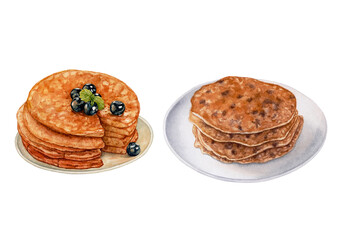 Watercolor stack of pancakes with blueberry, pancakes with chocolate on a plate isolated on white background.