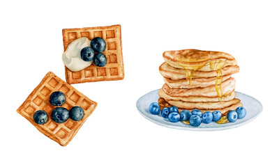 Watercolor waffles with cream and blueberry, pancakes with blueberry on a plate isolated on white background.