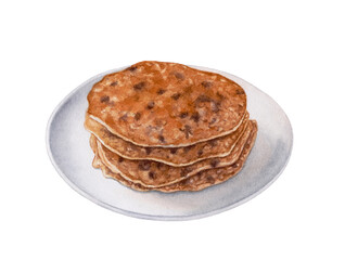 Watercolor chocolate pancakes on a plate on white background.