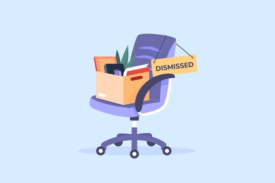 Chair Dismissed Employee. Quitting Job Worker, Box Of Fired Businessman Leaving Office Resign Job Dismiss Work Person Unemployment Layoff People Lost Employment Vector Illustration