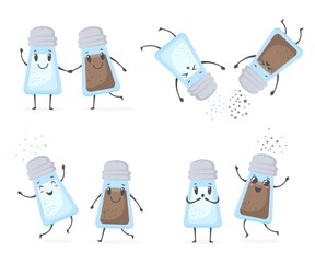 Salt pepper shakers character. Cartoon cute sprinkle seasoning shaker, kawaii funny condiment smiling expression, sprinkling salty powder smile bottles, neat vector illustration