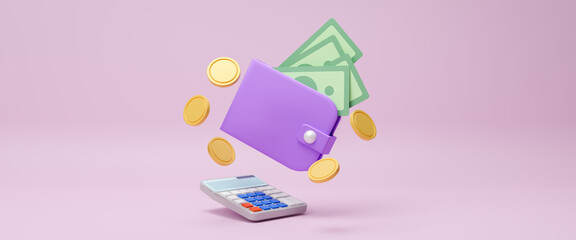 Purse wallet calculator coins and calculator icon, payment Internet banking on purple background, money economy commerce and market theme, isolated design, money-saving, 3d rendering illustration