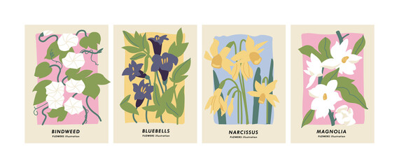 Vector illustration set of botanical posters different flowers. Art for for postcards, wall art, banner, background.