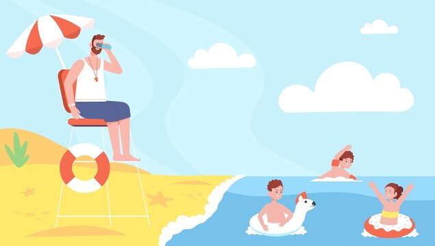 Lifeguard watching kids. Beach lifesaver on tower, safety rescuer help drowning children lifebuoy swim in danger water sea or ocean fun kid protection, splendid vector illustration