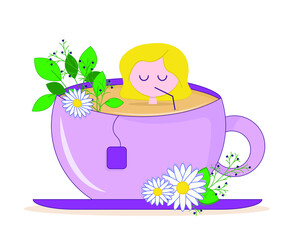 Girl in a cup of soothing herbal tea with chamomile and mint