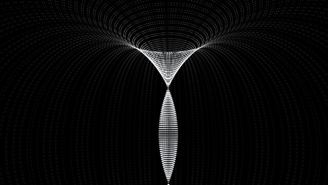 Moving Tunnel Of Neon Dots. Animation. Digital Abstract Glowing Tunnel On Black Background. Graphic Luminous Funnel From Side. Rotating Portal Of Particles To Musical Vibrations