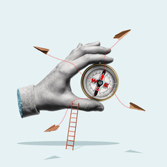 Compass in a man's hand. Business development in different directions. Art collage. - 507837413