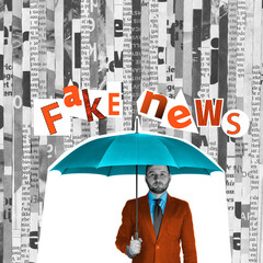 A man hides under an umbrella from the flow of fake news. Art collage.