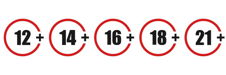 Set of age restriction icons. Age limit concept. 12, 14, 16, 18, 21 plus. I Isolated icons on white background. Vector illustration.