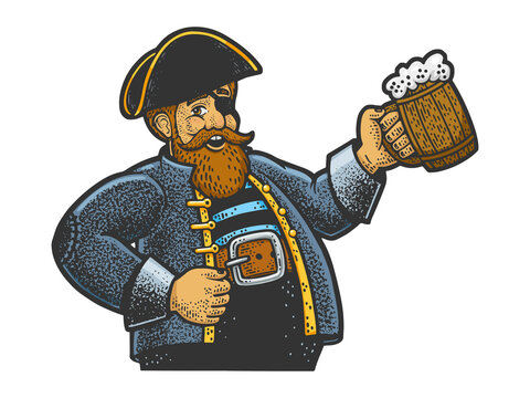 Fat pirate with a mug of beer color sketch engraving raster illustration. T-shirt apparel print design. Scratch board imitation. Black and white hand drawn image.