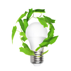 Renewable energy, sustainability, ecology concept. Light bulb and green plant isolated on white...