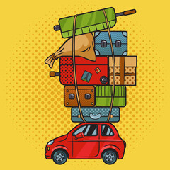  pile of suitcases on roof of car pop art retro raster illustration. Comic book style imitation.